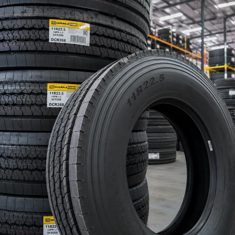Premium 11R22.5 commercial truck tires stacked inside a modern warehouse, prepared for wholesale distribution and container export from Thailand. Suitable for importers, distributors, fleet operators, and truck tire dealers in the USA and Canada.