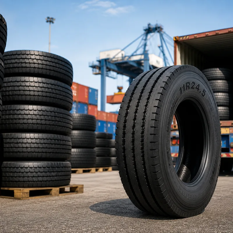 Wholesale 11R24.5 truck tires prepared for container loading and export from Thailand to importers and distributors in the USA and Canada.