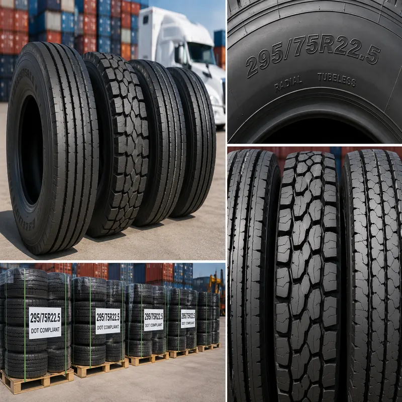 Commercial 295/75R22.5 truck tires shown in multiple tread patterns, with close-up sidewall markings and palletized stock prepared for wholesale export from Thailand to buyers in the USA and Canada.