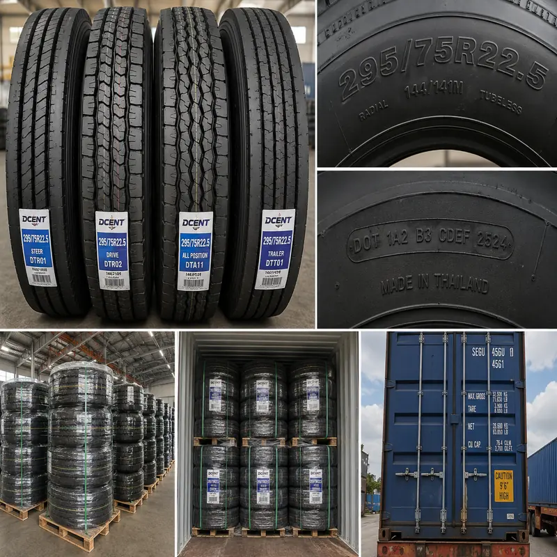 Collage showing DOT-compliant 295/75R22.5 commercial truck tires, close-up sidewall identification, warehouse storage, palletized inventory, and container loading prepared for wholesale export from Thailand to importers, distributors, fleet operators, and tire dealers in the USA and Canada.