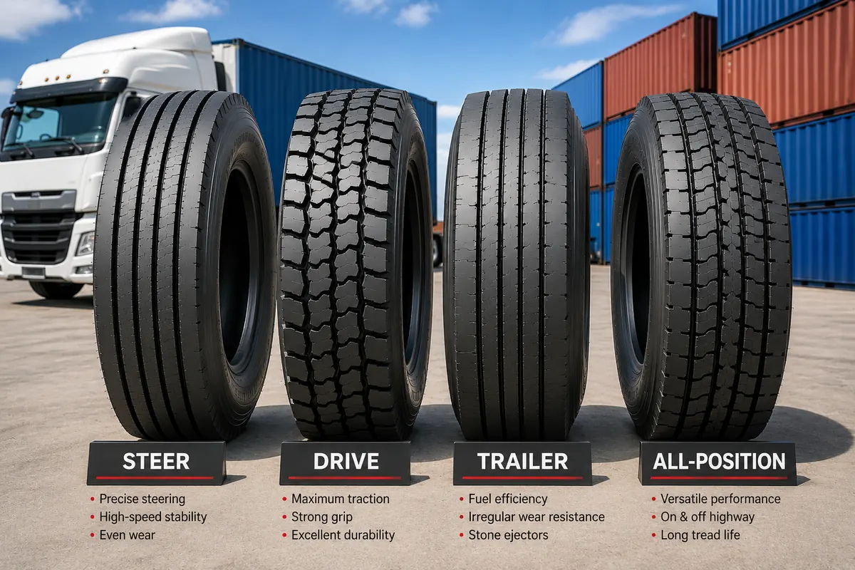 Premium 315/80R22.5 commercial truck tires showing steer, drive, trailer, and all-position tread patterns for heavy-duty transportation. Wholesale truck tires exported from Thailand to importers, distributors, fleet operators, and tire dealers across the USA and Canada.