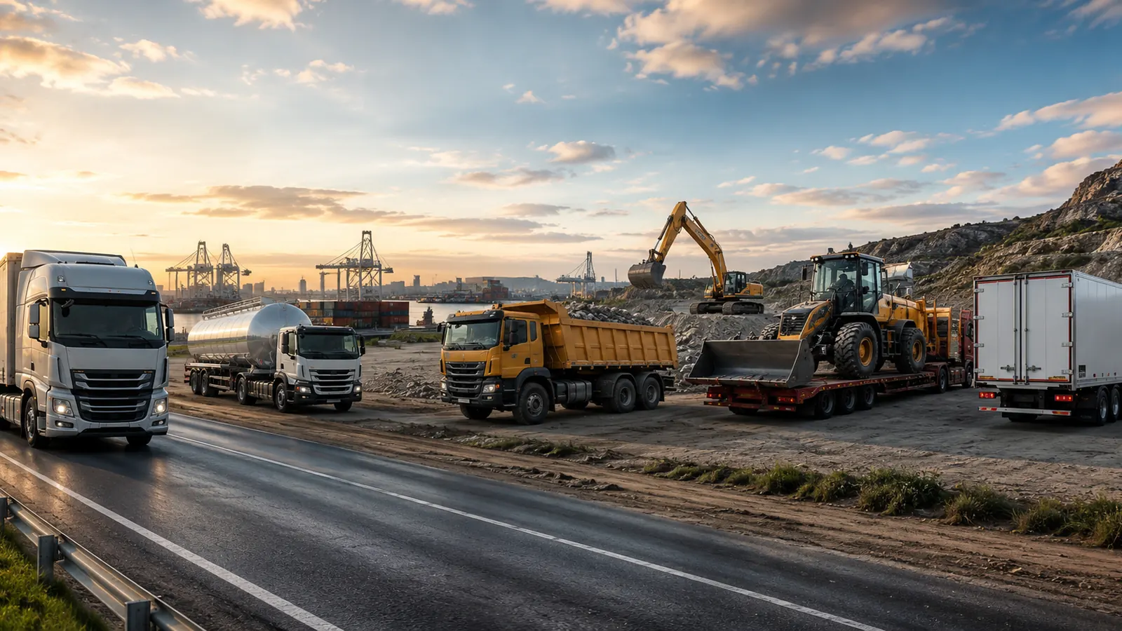 Professional transportation scene showing 385/65R22.5 truck tire applications across logistics, tanker transport, construction, heavy equipment hauling, and refrigerated trailer operations for commercial fleets worldwide.