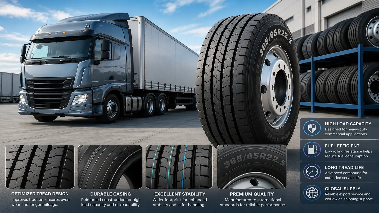 Premium 385/65R22.5 truck tire featuring optimized tread design, reinforced casing, high load capacity, and long tread life for commercial fleets, wholesalers, importers, and global distributors.