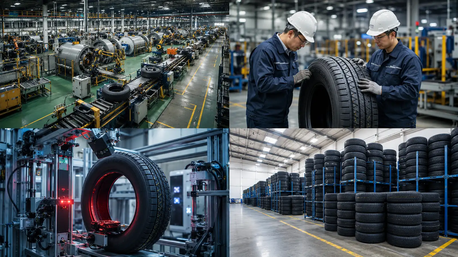 Modern truck tire manufacturing facility featuring automated production, quality inspection, engineers examining commercial truck tires, and warehouse storage supporting the production of premium 385/65R22.5 truck tires for wholesale and export markets.