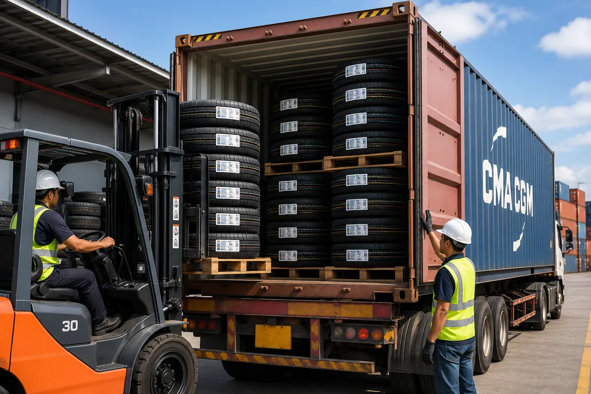 Commercial truck tires are carefully loaded into a shipping container using a forklift at a logistics facility in Thailand. The image highlights professional container loading, secure export preparation, and efficient international shipping for wholesale customers, including importers, distributors, fleet operators, and tire dealers in the USA and Canada.
