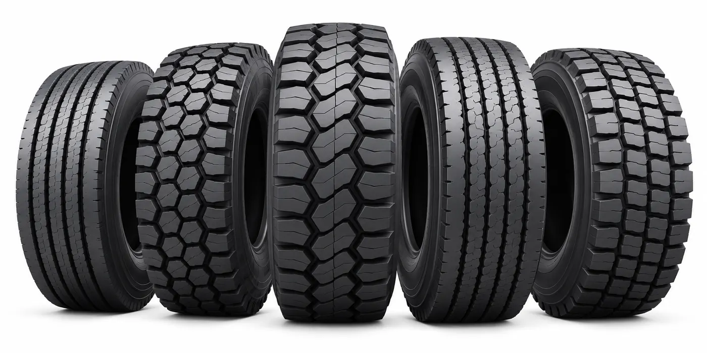 Professional product showcase featuring multiple commercial truck tire sizes for wholesale supply. Auto Tires Co provides heavy-duty steering, drive, trailer, and all-position truck tires with worldwide export from Thailand.