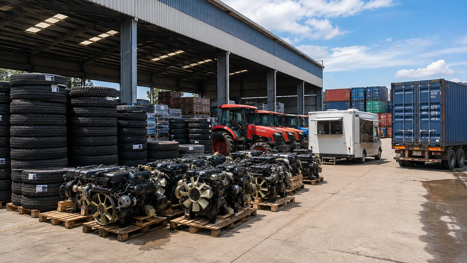 Modern export warehouse in Thailand showing commercial truck tires stacked on pallets, quality-tested used car engines, used farm tractors, and a mobile food truck prepared for international export with shipping containers and loading equipment.