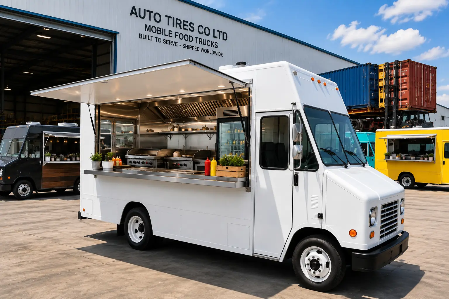 Modern custom-built mobile food truck with a fully equipped stainless steel commercial kitchen, designed for coffee, burger, pizza, BBQ, catering, and street food businesses. Export-ready with worldwide shipping from Thailand by Auto Tires Co Ltd.