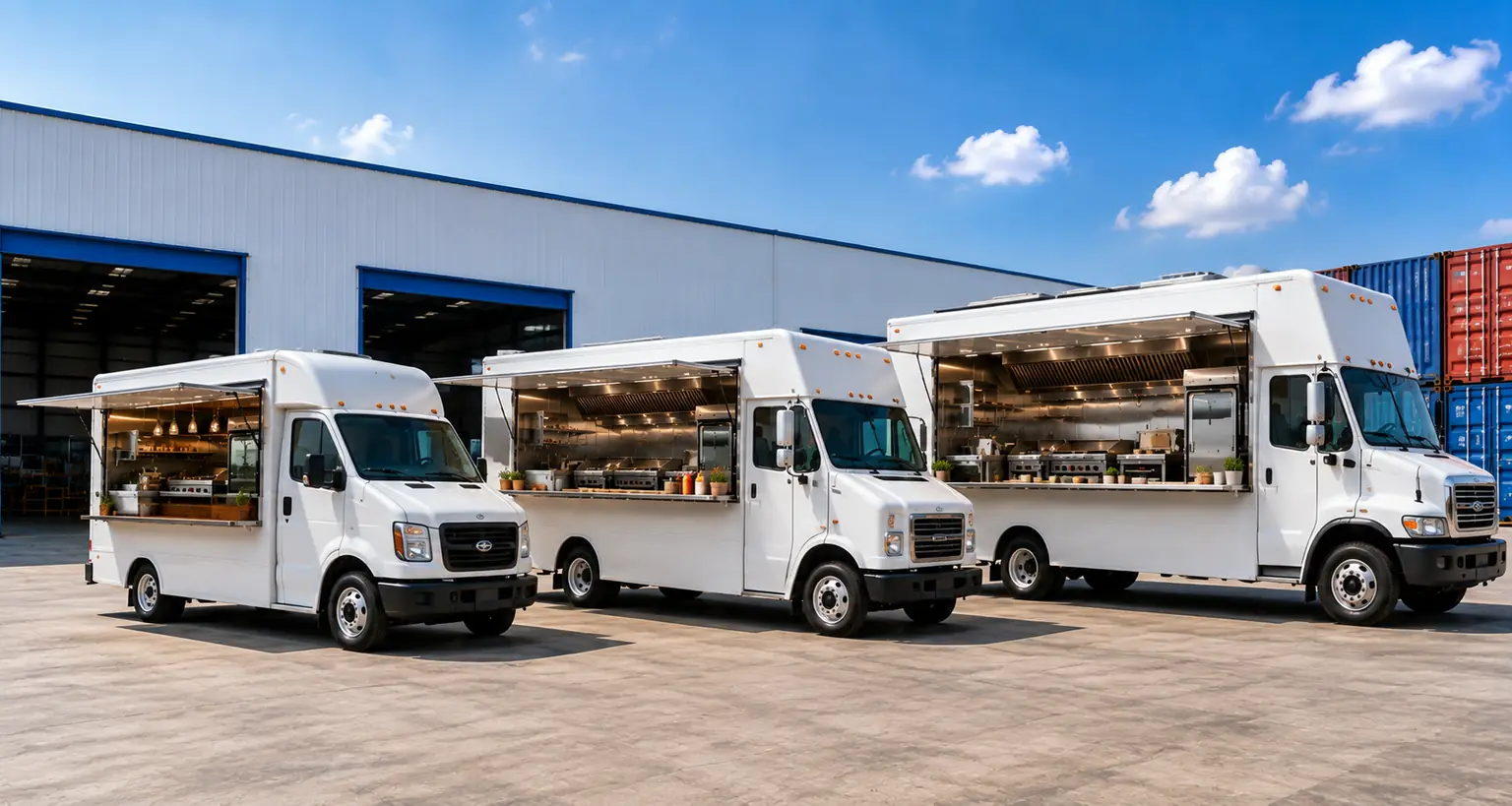 Comparison of compact, medium, and large custom-built mobile food trucks featuring fully equipped stainless-steel commercial kitchens. Designed for coffee, burger, pizza, catering, and street food businesses with worldwide export from Thailand by Auto Tires Co Ltd.