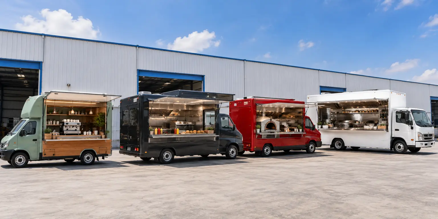 A lineup of custom-built mobile food trucks including coffee, burger, pizza, and catering kitchen configurations, displayed at a professional export facility. Each truck features a fully equipped stainless-steel commercial kitchen and is available for worldwide export from Thailand by Auto Tires Co Ltd.