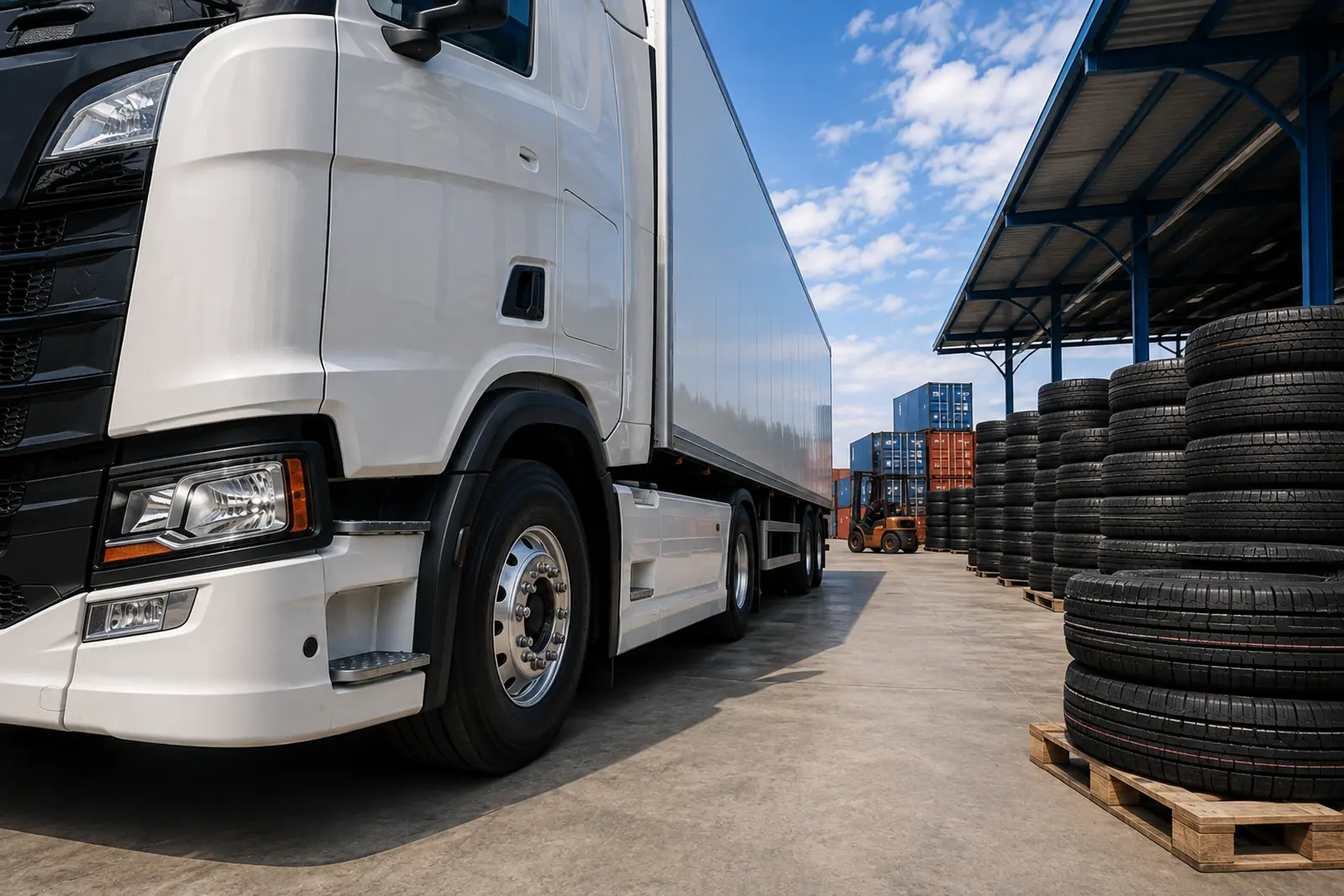 Modern white semi truck fitted with commercial tires at a clean export facility, with realistic stacks of wholesale truck tires, shipping containers, and warehouse loading equipment in the background.