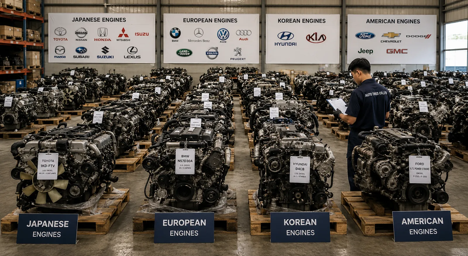 Warehouse inventory of quality-tested used car engines from leading Japanese, European, Korean, and American vehicle manufacturers. Auto Tires Co Ltd supplies gasoline and diesel replacement engines for retail customers and wholesale buyers with worldwide export from Thailand.