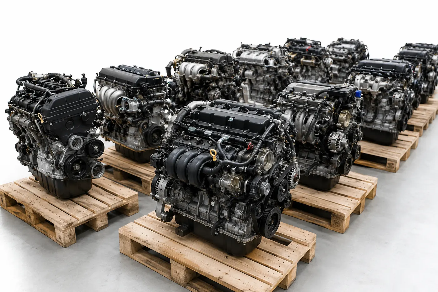 Professional warehouse display of inspected used car engines arranged on wooden pallets for wholesale supply. Auto Tires Co exports quality-tested replacement engines worldwide with reliable export support from Thailand.