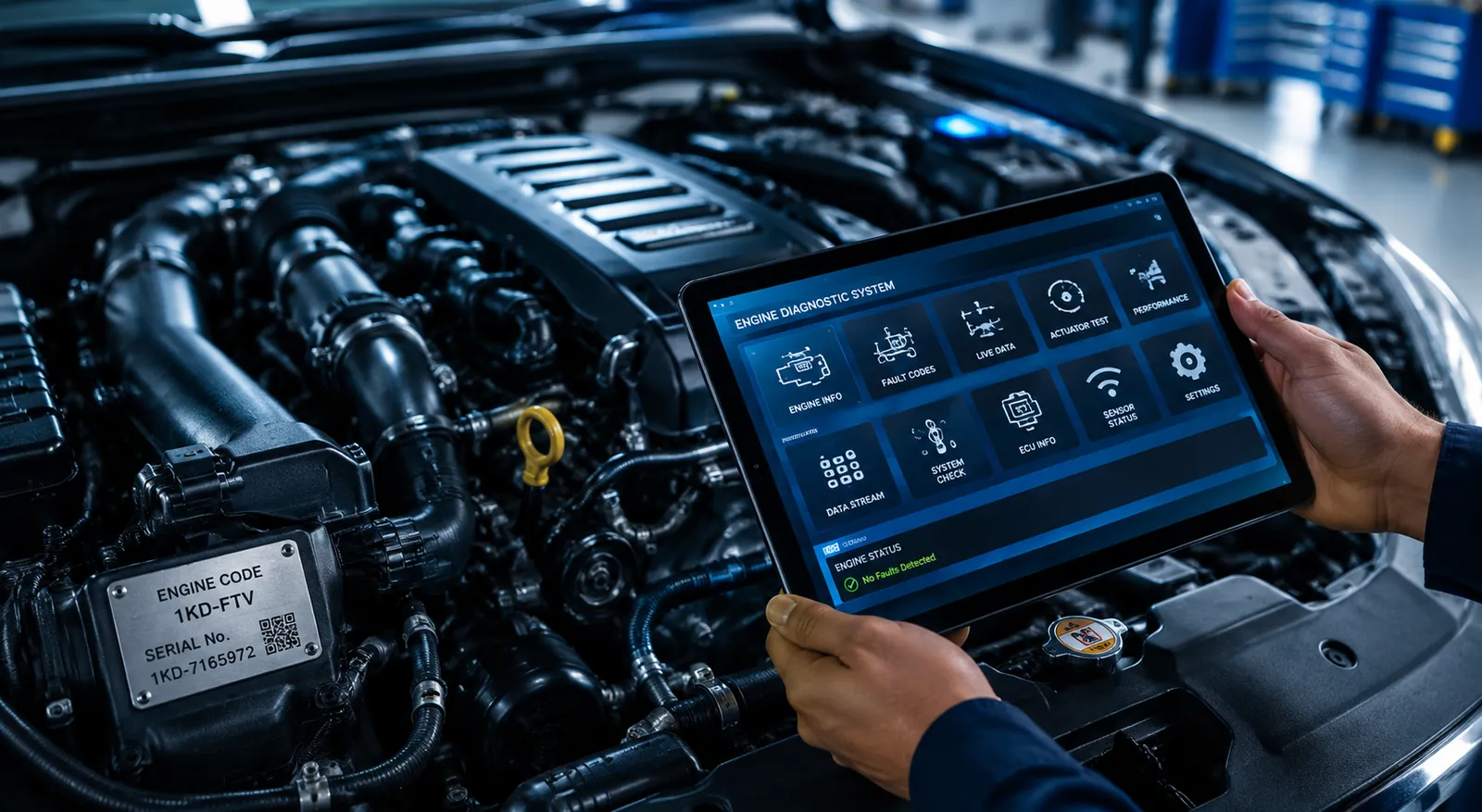 Professional digital engine diagnostic inspection of a quality-tested used car engine using advanced scanning equipment. Auto Tires Co Ltd verifies engine condition, engine codes, and performance before worldwide export.