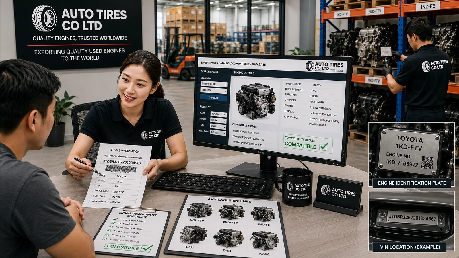 A customer service representative verifies vehicle details, VIN information, engine code, and model compatibility using a digital engine-parts database. The image shows Auto Tires Co Ltd staff matching a Toyota 1KD-FTV replacement engine with warehouse inventory before sale and worldwide export.