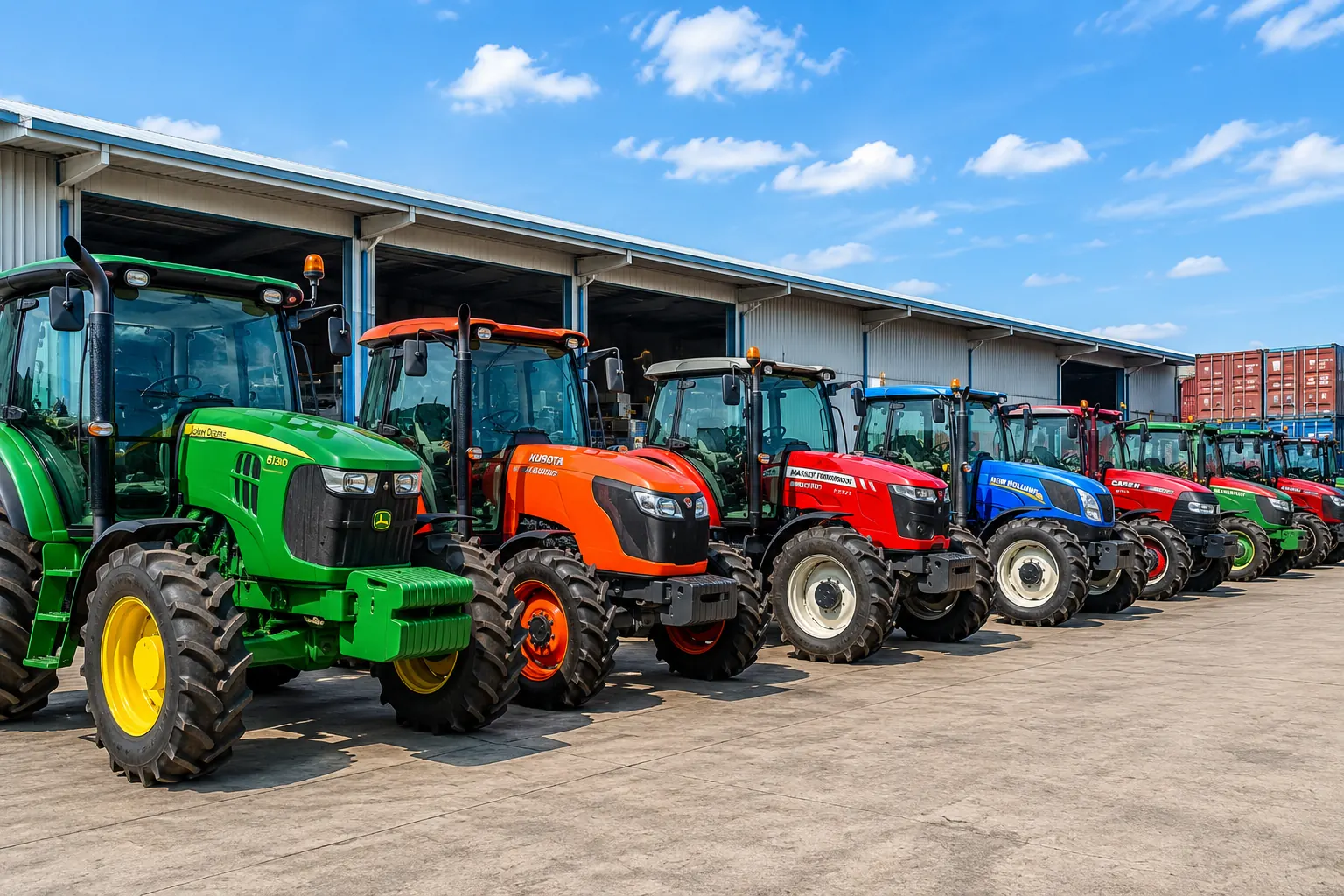 A lineup of quality-tested used farm tractors in a modern export facility featuring multiple leading tractor brands. Auto Tires Co Ltd supplies compact, utility, and agricultural tractors for retail and wholesale buyers with worldwide export from Thailand.