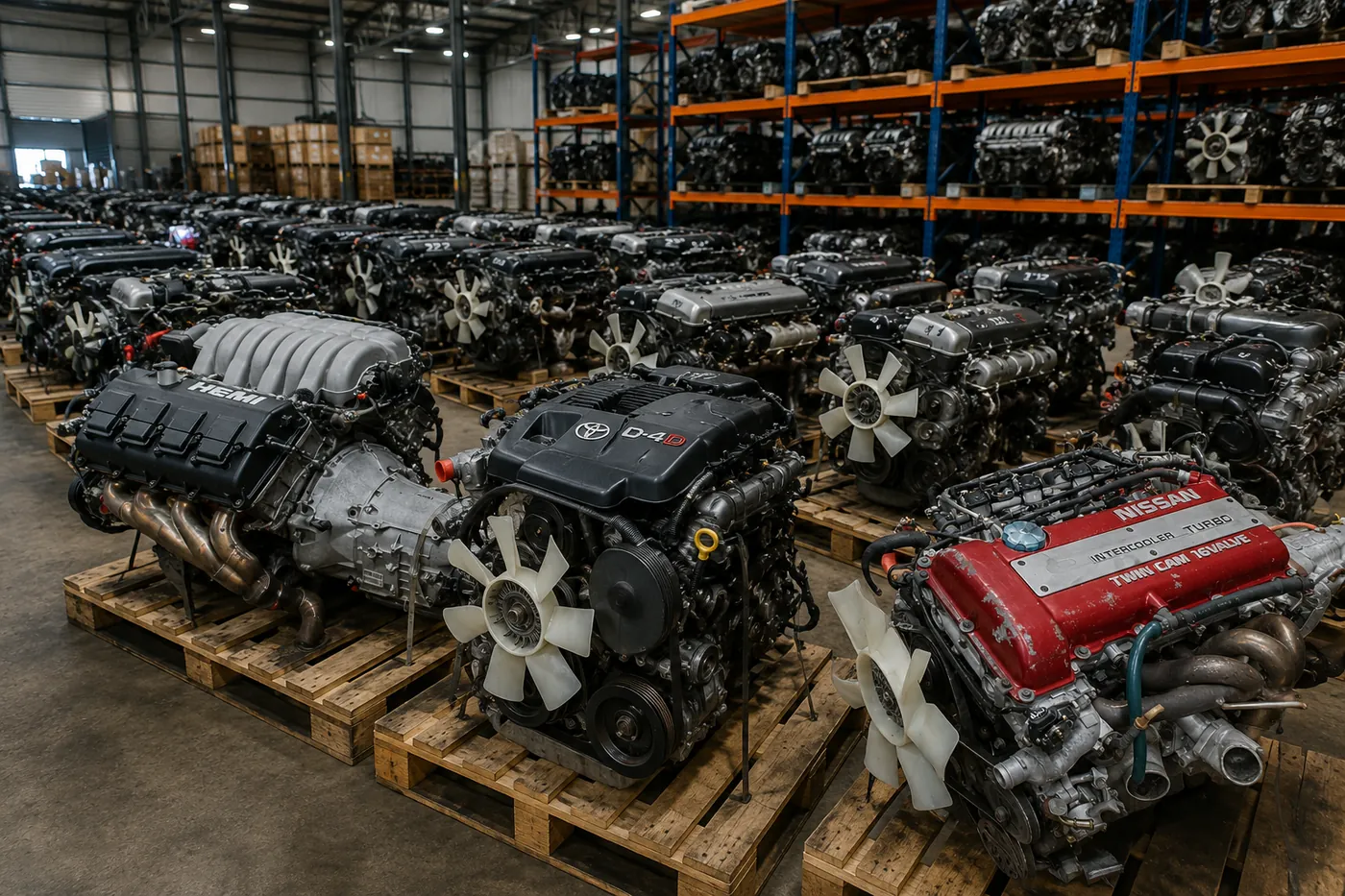 Large warehouse inventory of quality-tested used car engines on pallets featuring Toyota 2JZ and Toyota 1VD-FTV replacement engines. Auto Tires Co Ltd supplies wholesale used gasoline and diesel engines with worldwide export from Thailand.